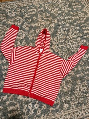 Striped Red and White Hooded Zip Cardigan Sweater